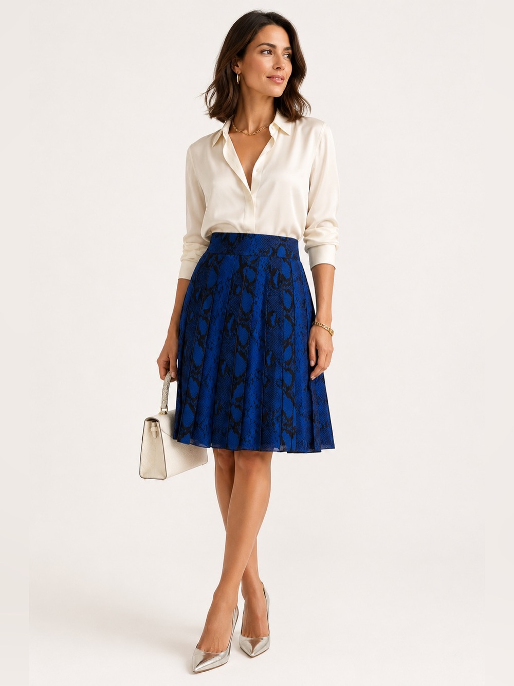 Proenza Schouler Royal Blue Silk Pleated Snakeskin Printed Skirt Sz. 10